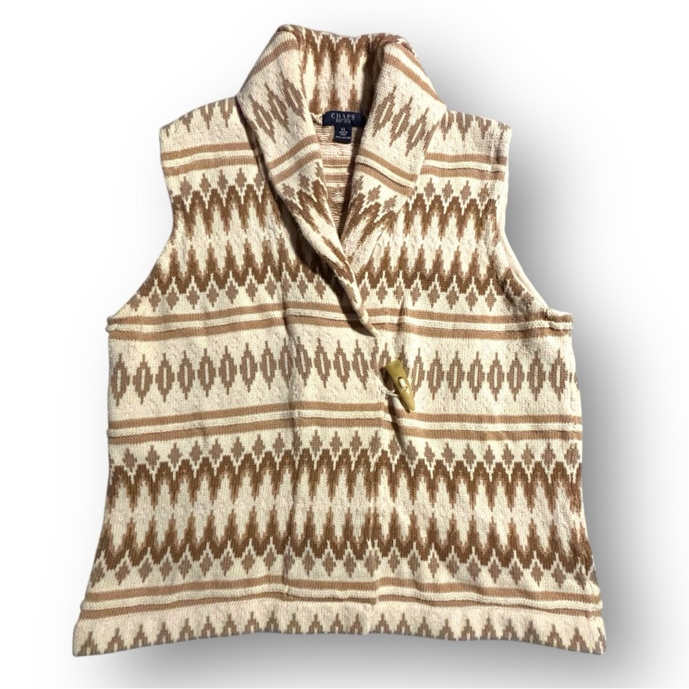 Chaps XL Cream Brown Patterned Shawl Collar Sweater Vest Cotton Toggle Western